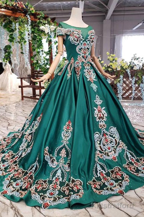 Luxury Green Round Neck Short Sleeves Prom Dresses with Beading
