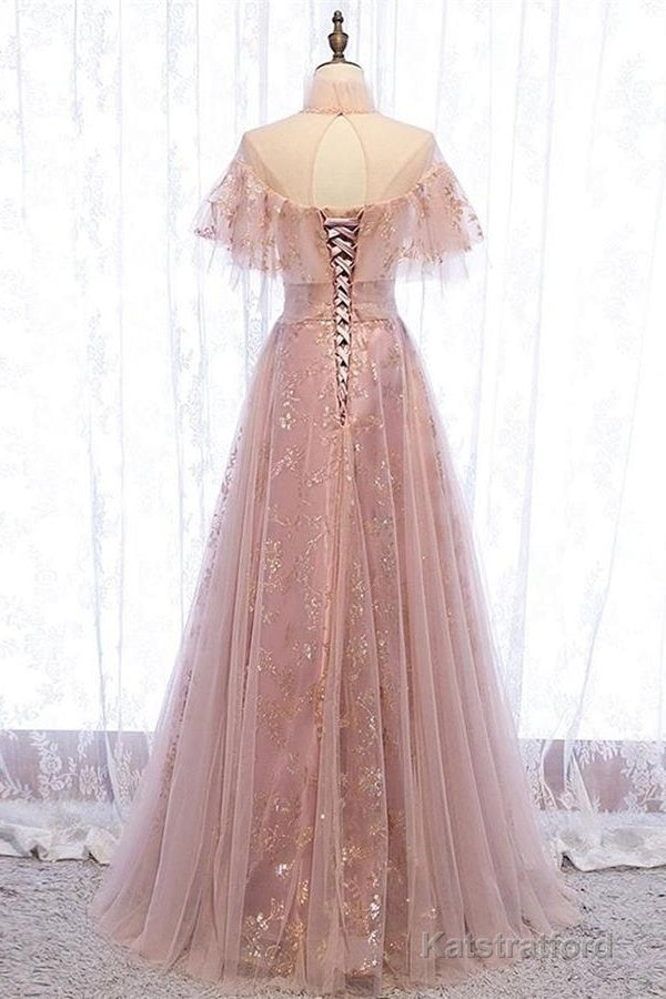 Elegant High Neck Vintage Long Lace Up Prom Dresses Flowy Party Gowns