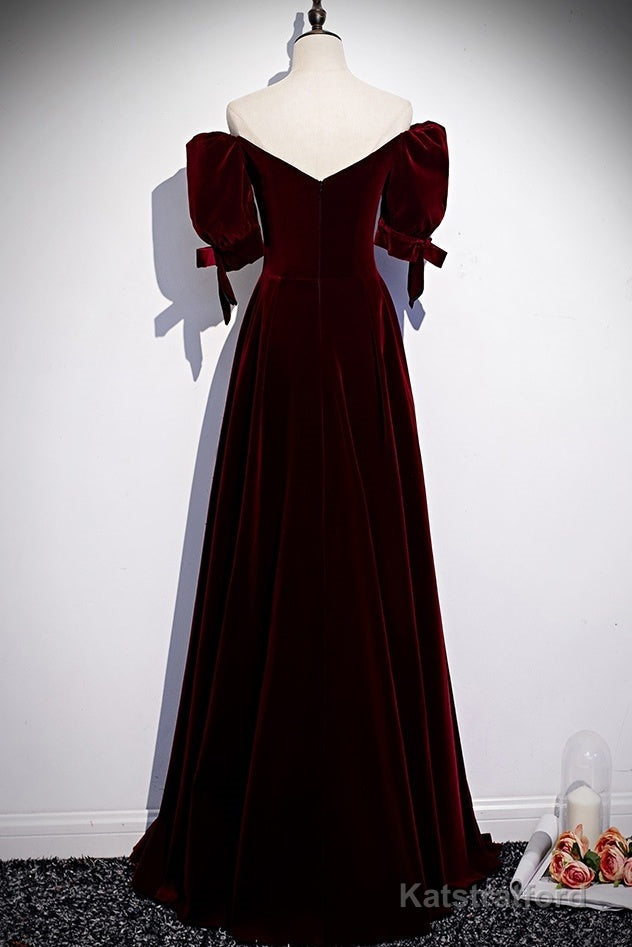 Modest Charming Burgundy Long Prom Dresses Vintage Evening Dresses With Bowknot