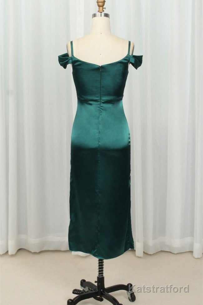 Straps Green Silk Satin Bodycon Midi Dress