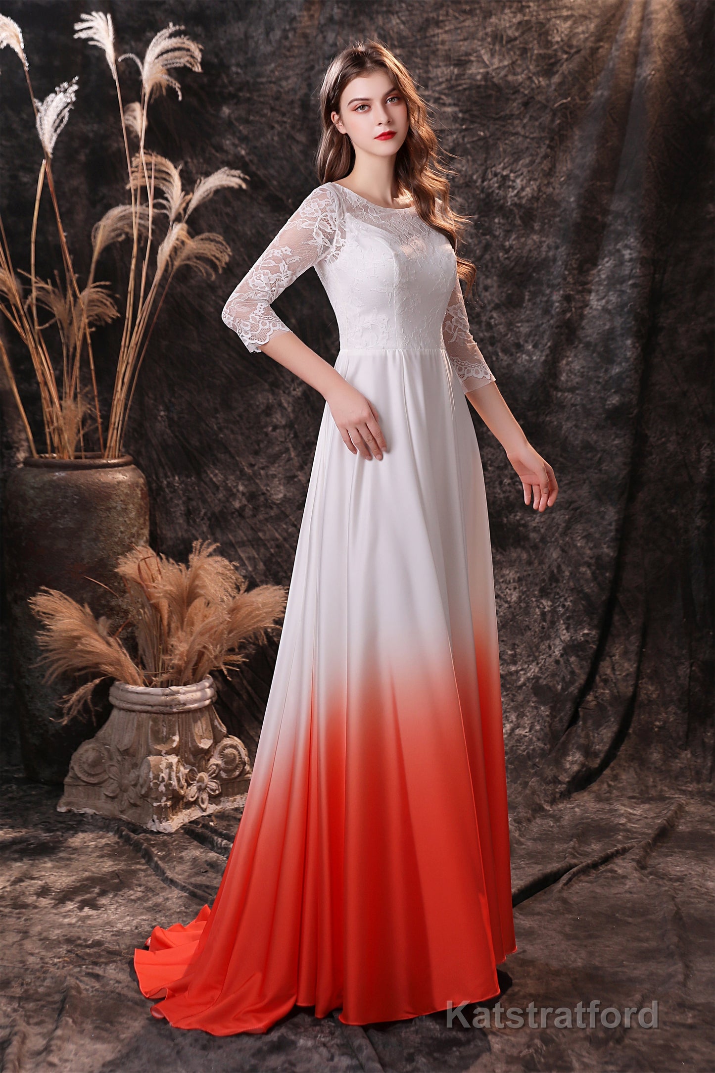 A Line 3/4 Sleeve Ombre Silk Like Satin Sweep Train Prom Dresses