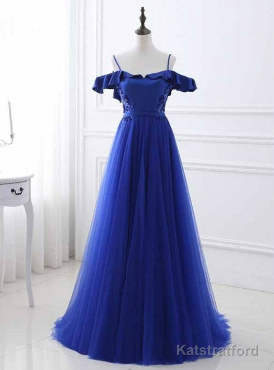 A-Line Blue Satin Tulle Spaghetti Straps Appliques Prom Dress