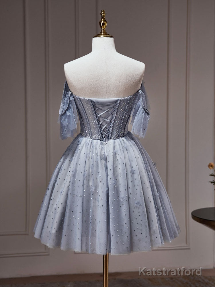 A-Line Gray Blue Tulle Short Prom Dress. Cute Gray Blue Homecoming Dress