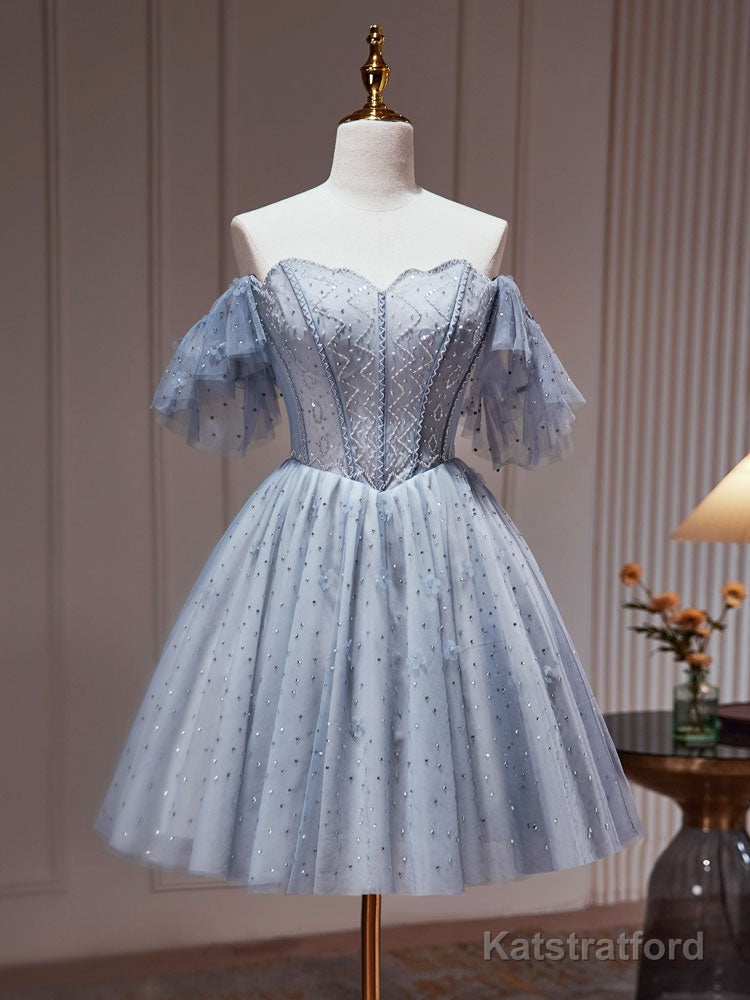 A-Line Gray Blue Tulle Short Prom Dress. Cute Gray Blue Homecoming Dress
