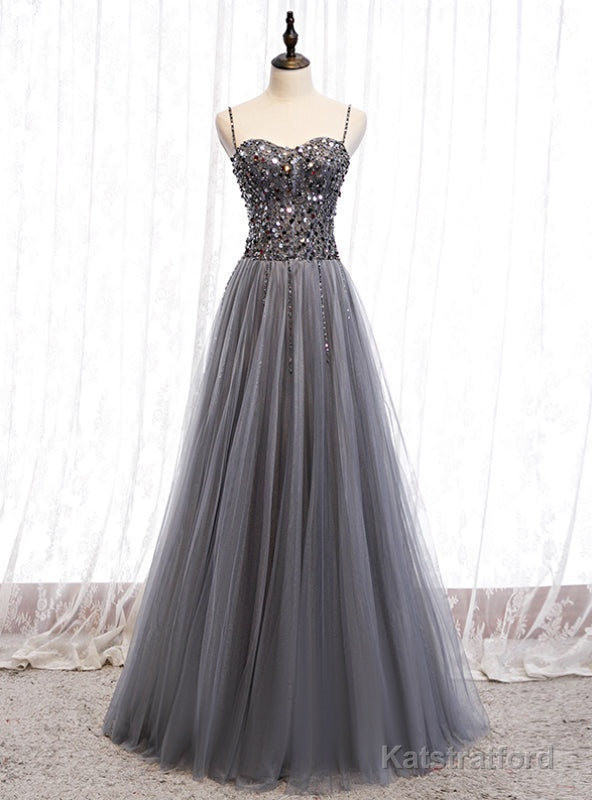 A-Line Gray Tulle Spagehtti Straps Sequins Prom Dress