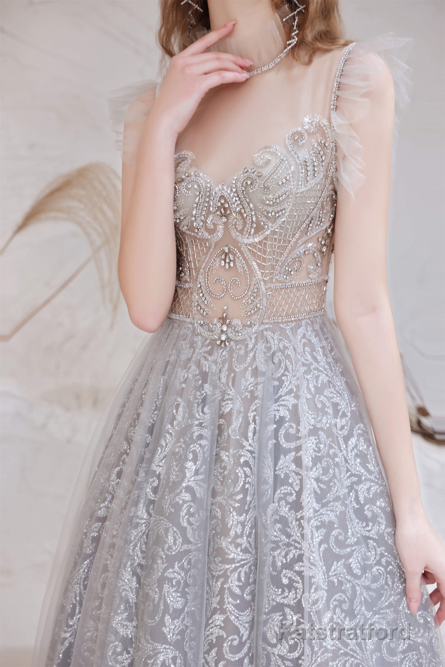 A Line Jewel Neck Floor Length Sleeveless Zipper Prom Dresses