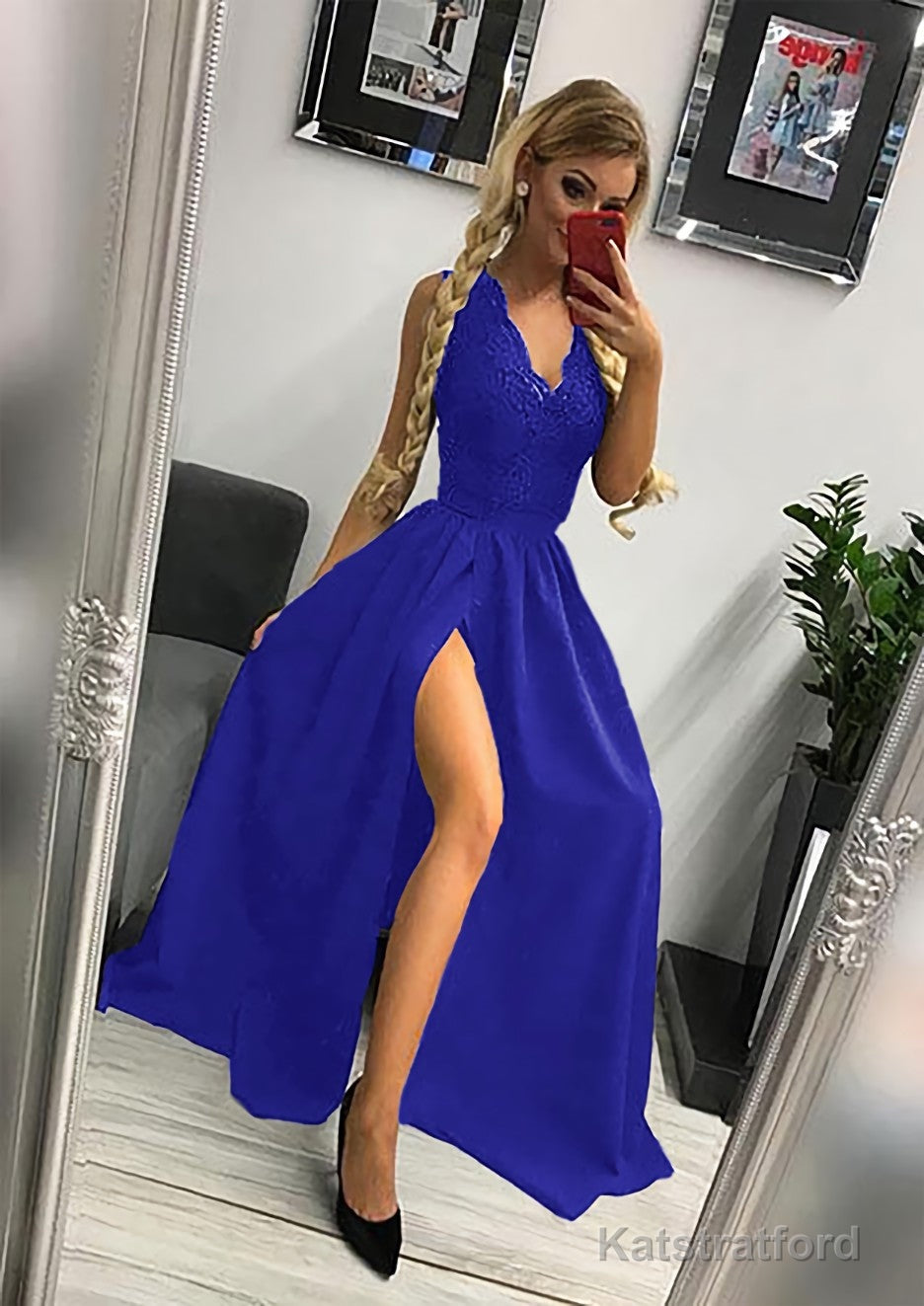 A-line/Princess Scalloped Neck Sleeveless Long/Floor-Length Elastic Satin Prom Dresses With Lace Split
