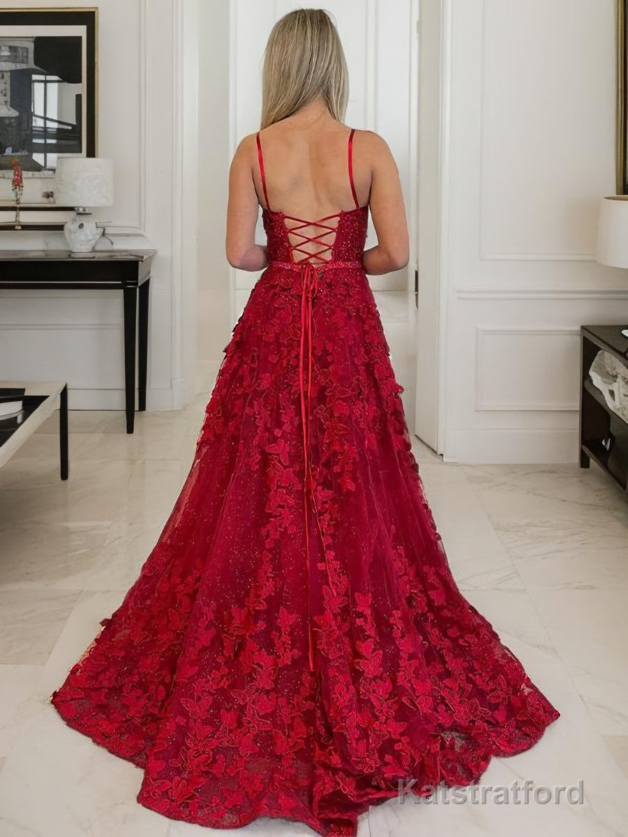 A-Line/Princess Spaghetti Straps Court Train Tulle Prom Dresses With Leg Slit