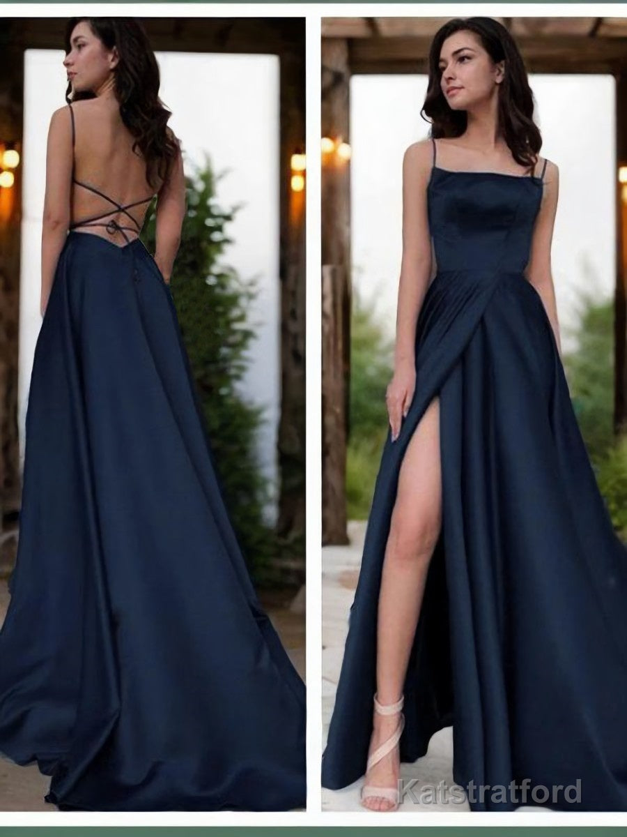 A-Line/Princess Spaghetti Straps Sweep Train Satin Prom Dresses With Leg Slit