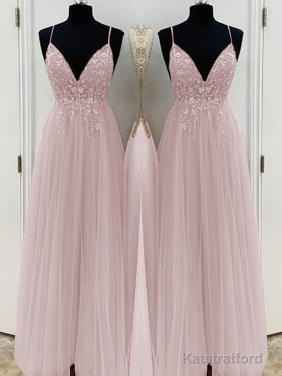 A-Line/Princess V-neck Floor-Length Tulle Prom Dresses With Beading