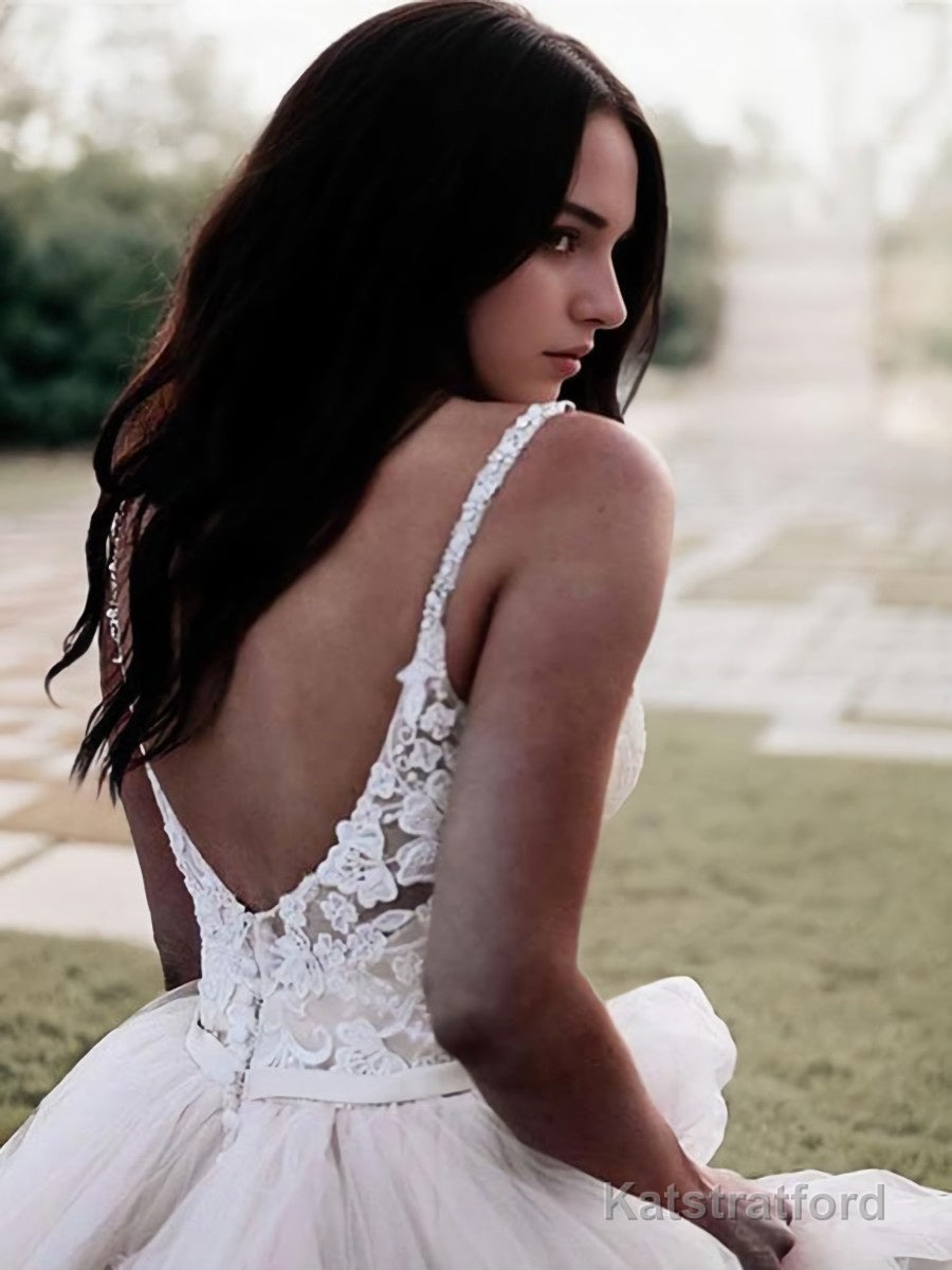 A-Line/Princess V-neck Floor-Length Tulle Wedding Dresses With Appliques Lace