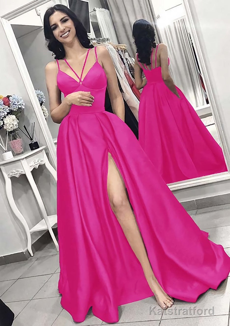 A-line/Princess V Neck Sleeveless Long/Floor-Length Elastic Satin Evening Dresses With Split Pleated