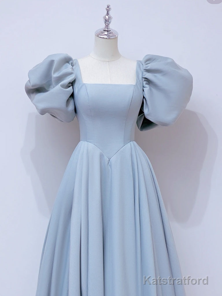A-Line Puff sleeves Long Blue Prom Dress, Square Neckline Blue Long Formal Dress