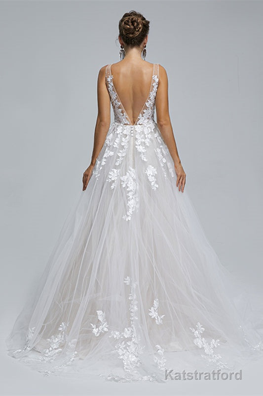 A-LINE SHEER STRAPS V-NECK TULLE APPLIQUE FLOOR-LENGTH SLEEVELESS WEDDING DRESSES