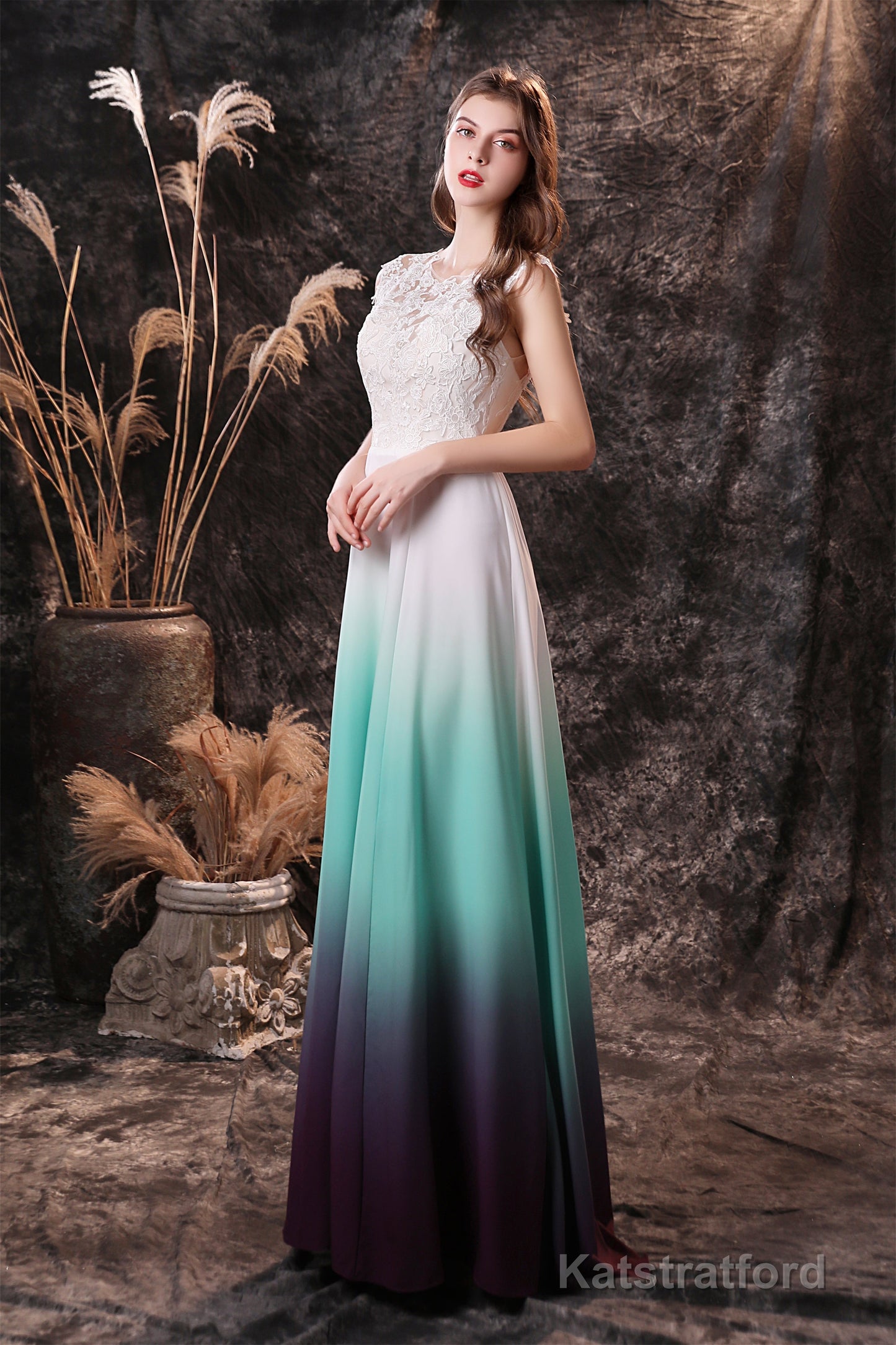 A Line Sleeveless Appliques Ombre Silk Like Satin Floor Length Prom Dresses