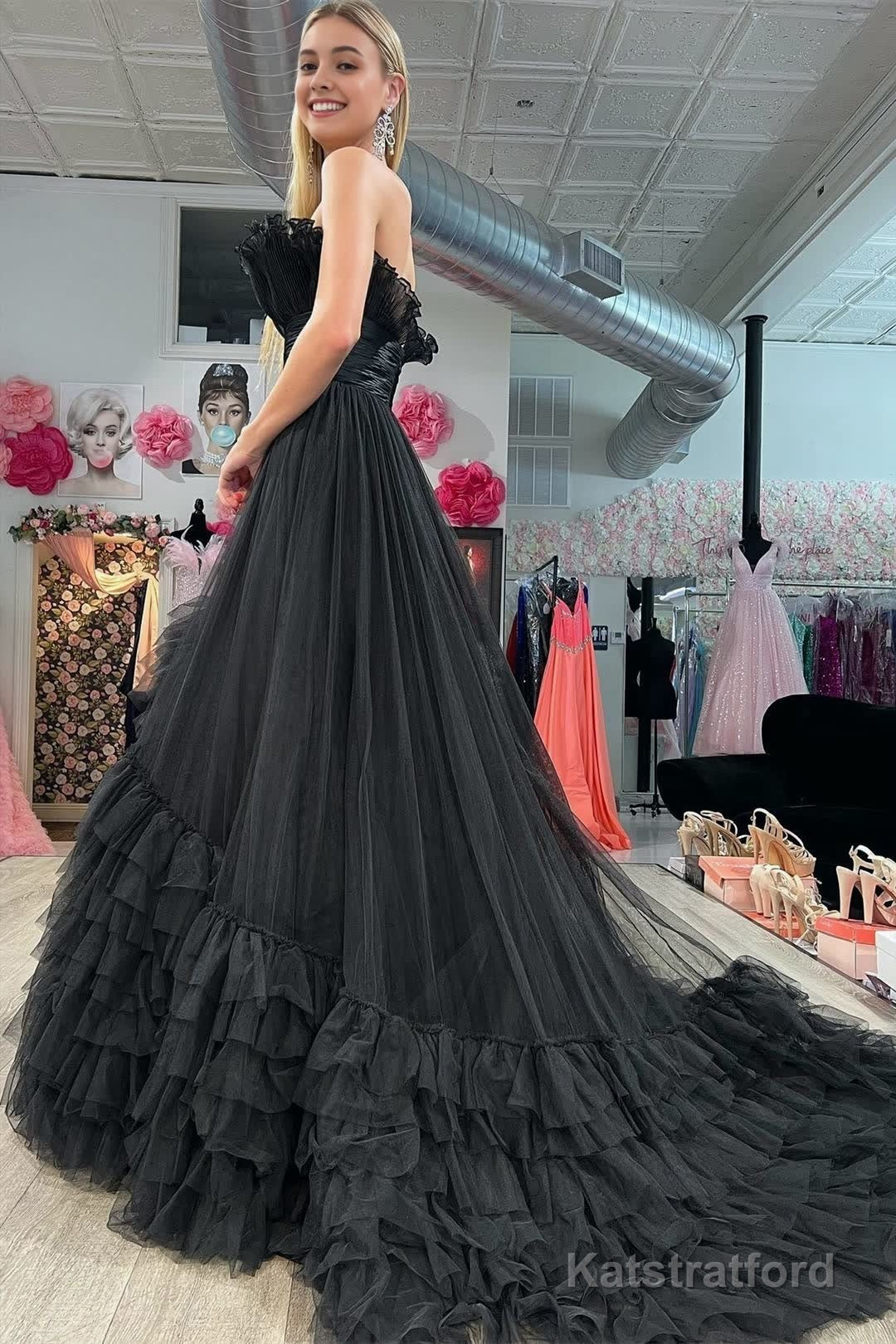 A-Line Strapless Pink Tiered Long Tulle Prom Dress