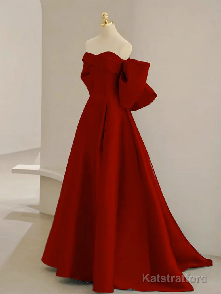 A-Line Sweetheart Neck Satin Burgundy Long Prom Dress with Bow