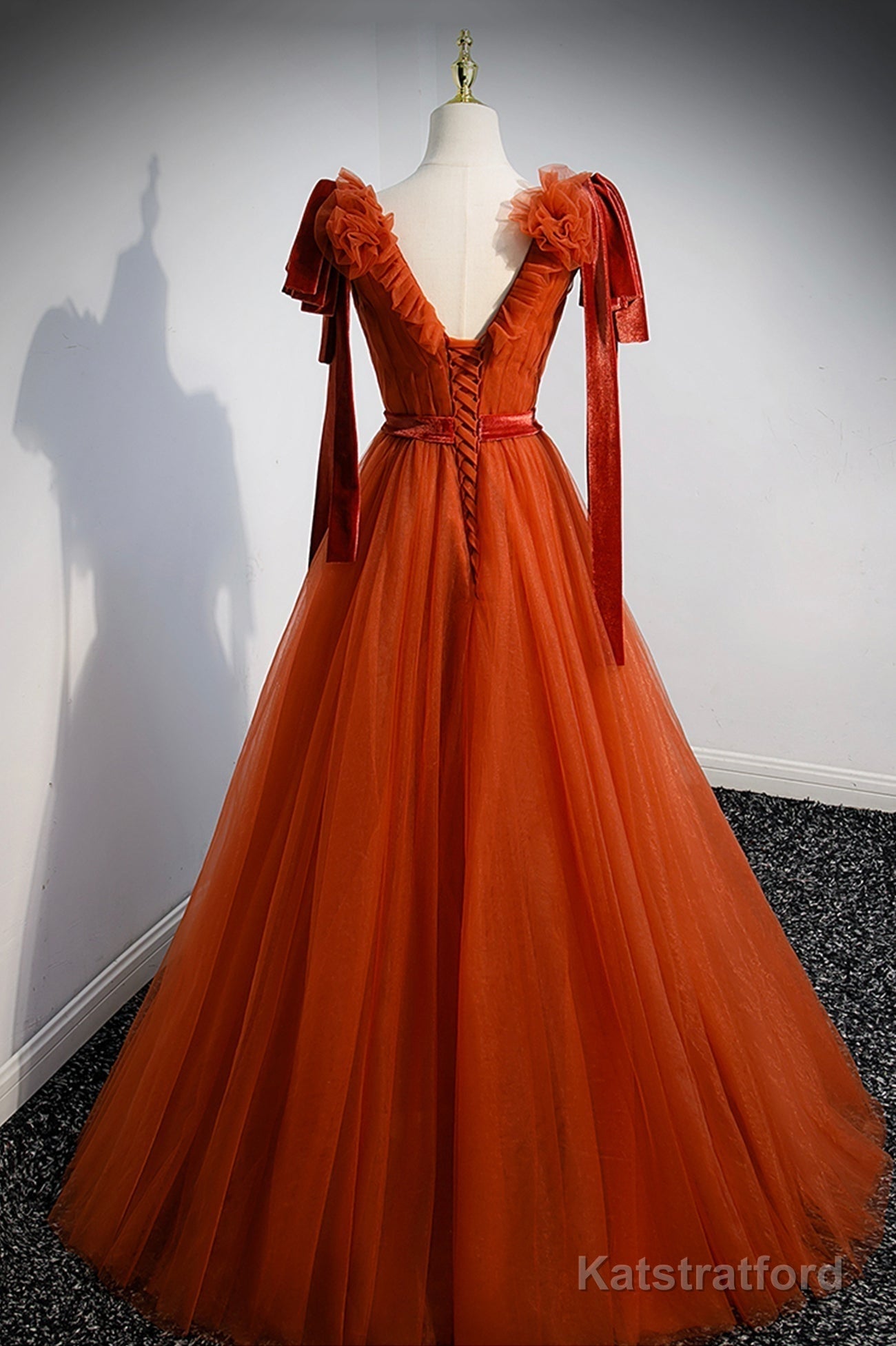 A-Line Tulle Long Prom Dress, Orange V-Neck Long Simple Evening Dress