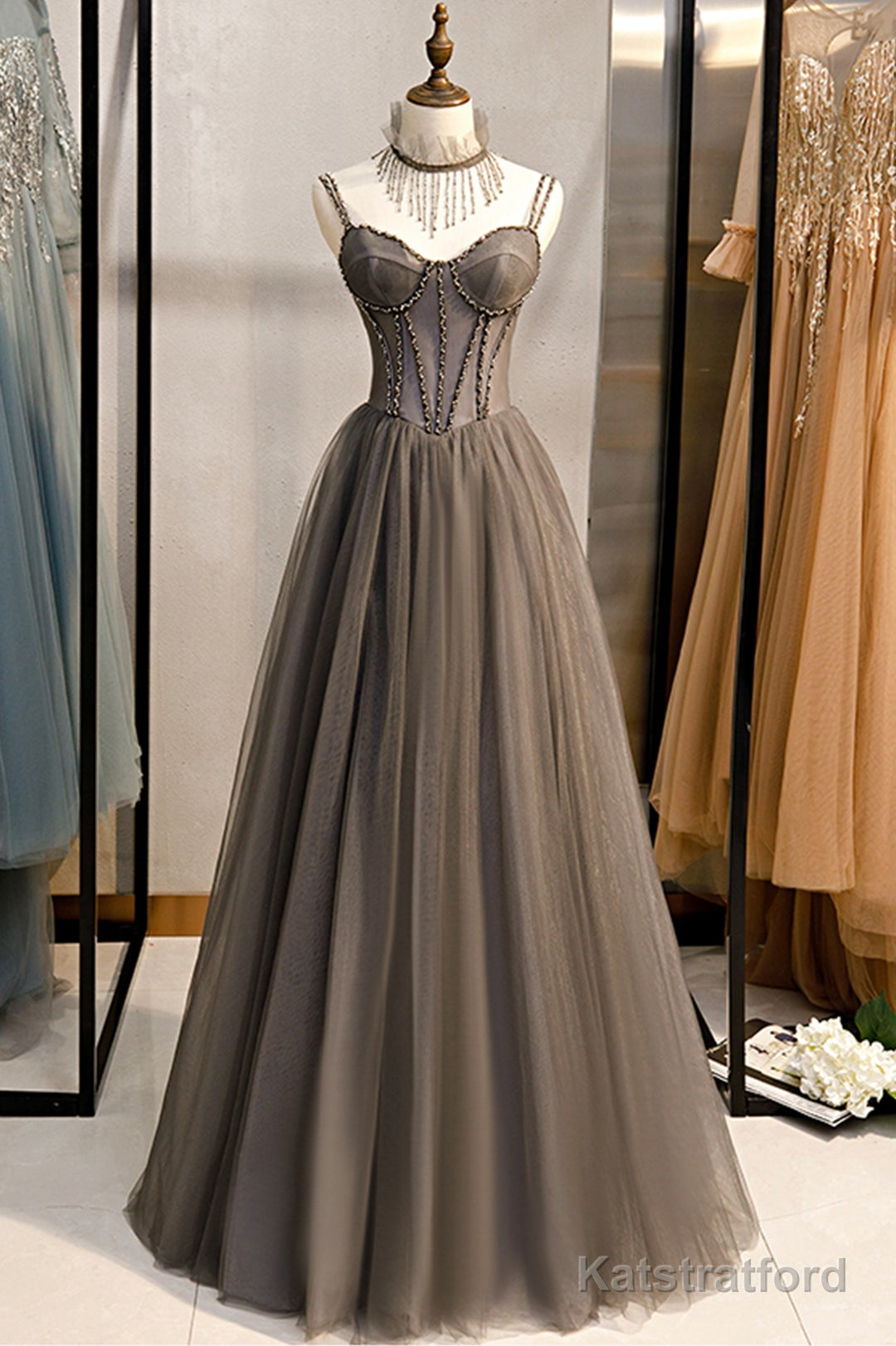 A-Line Tulle Long Prom Dress with Beading, Cute Evening Party Dress