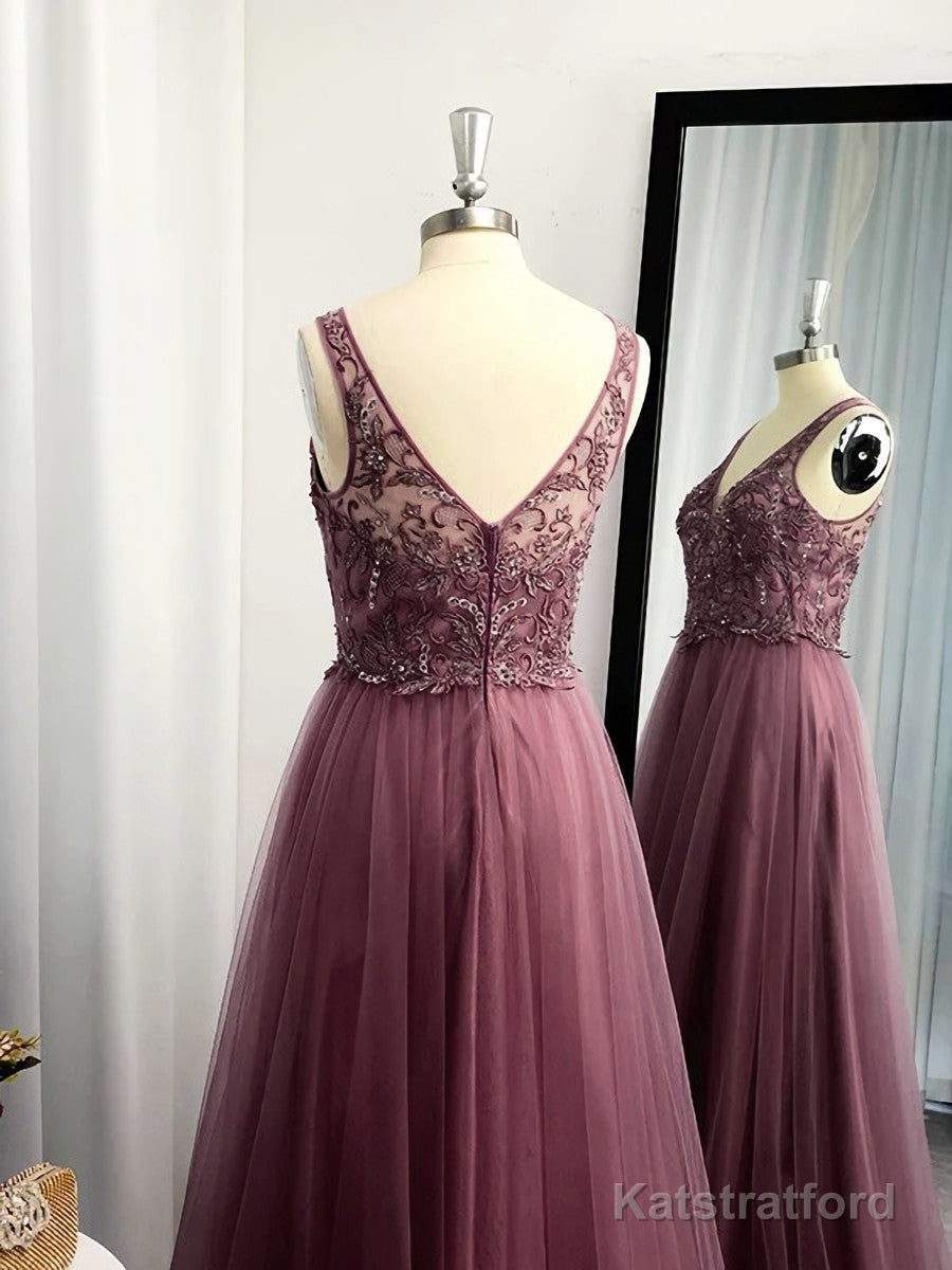 A-line V-neck Appliques Lace Floor-Length Tulle Dress