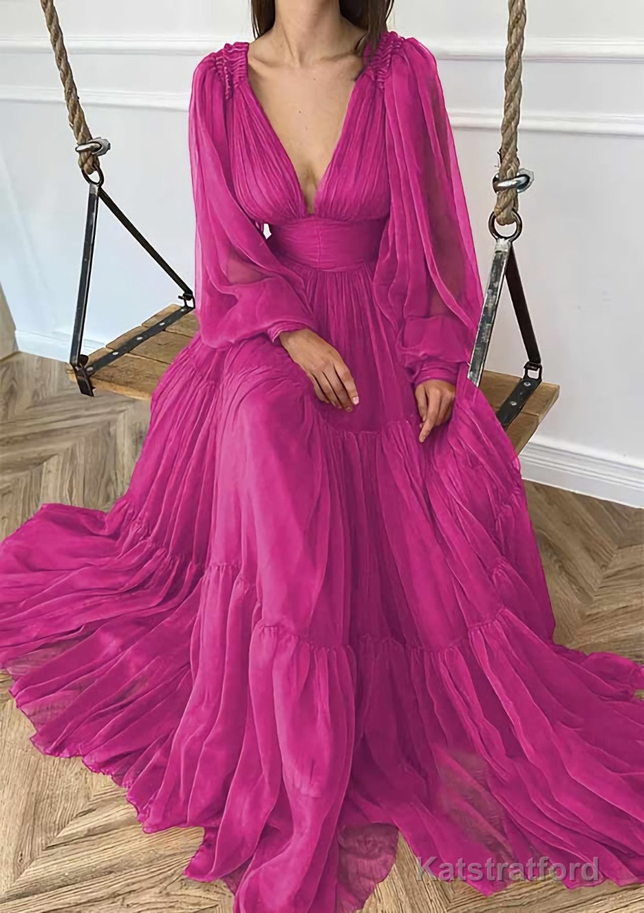 A-line V Neck Full/Long Sleeve Long/Floor-Length Chiffon Prom Dresses With Pleated