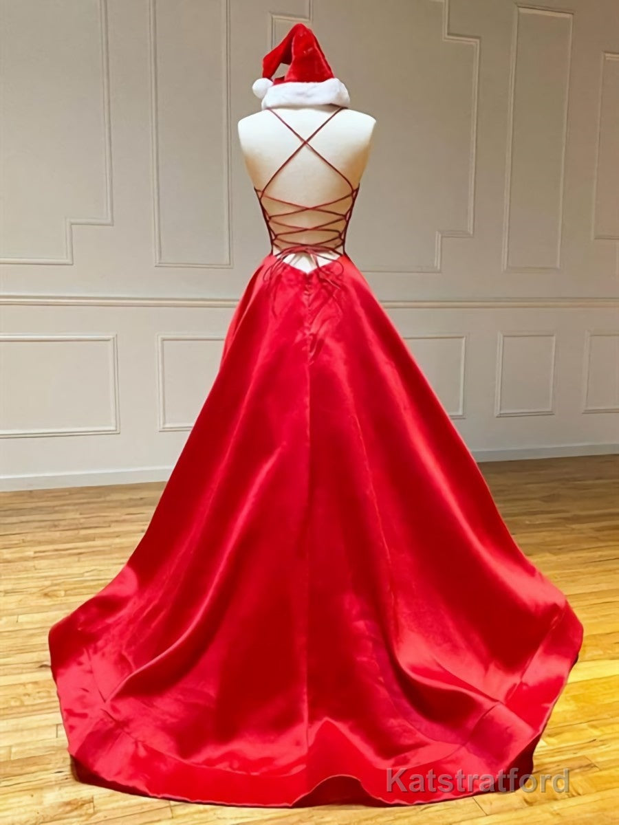 A Line V Neck Red Backless Prom Dresses, Red Backless Long Formal Evening Graduation Dresses