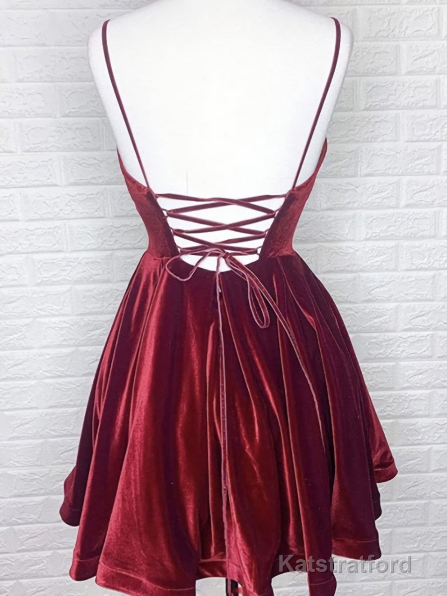 A Line V Neck Short Burgundy Prom Dresses, Short Wine Red Formal Homecoming Dresses