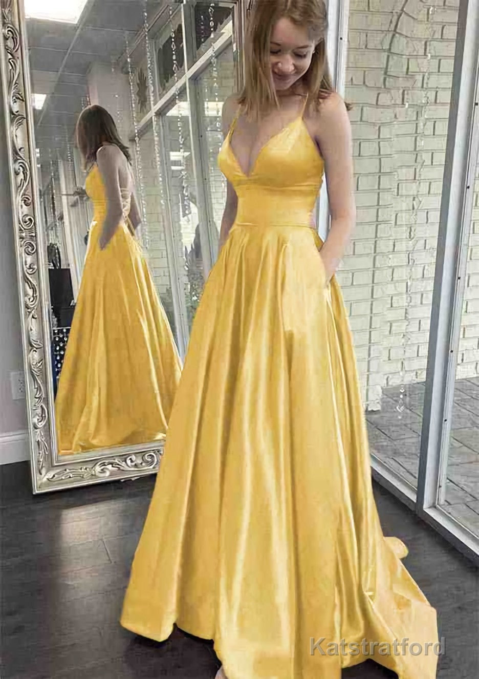 A-line V Neck Spaghetti Straps Sweep Train Charmeuse Prom Dresses With Pockets