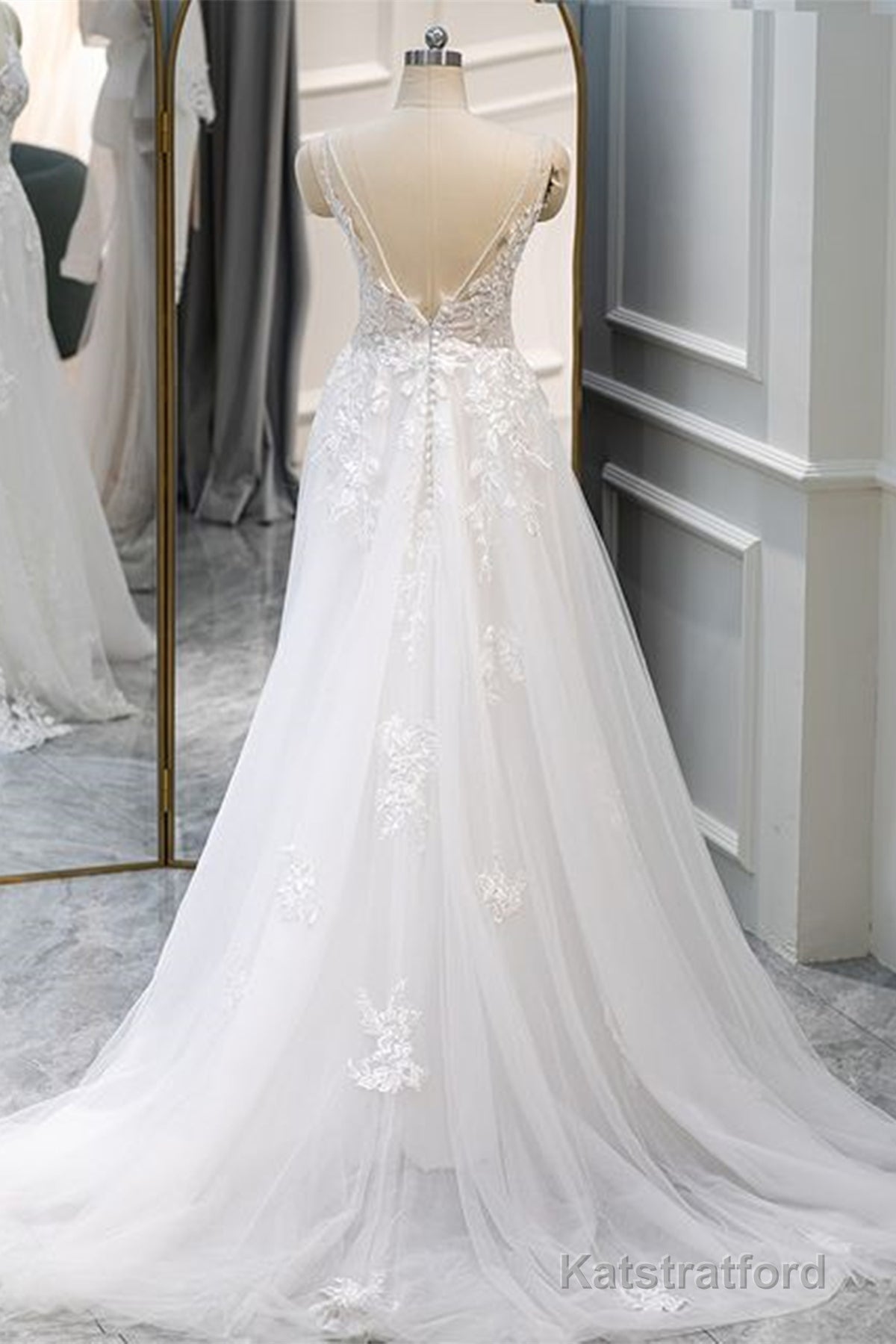 A Line V Neck White Lace Long Prom Dress, White Lace Wedding Dress, White Formal Evening Dress
