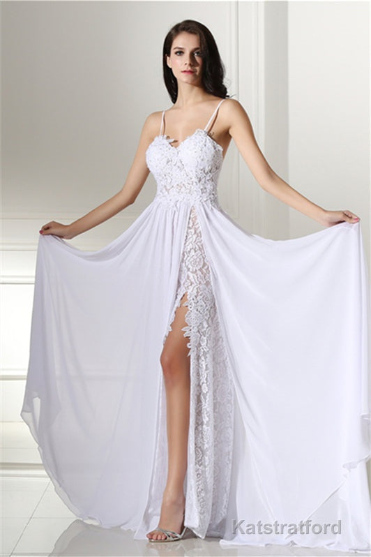 A-line White Evening Dresses Straps Chiffon Long Formal Dresses