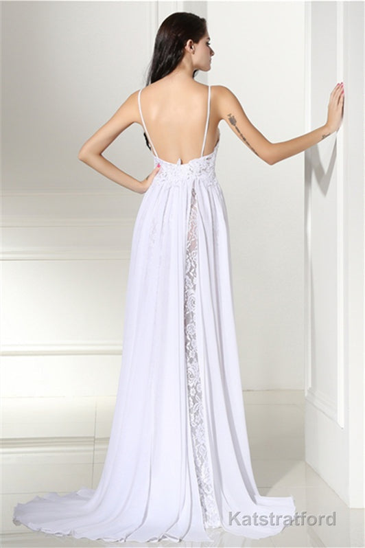 A-line White Evening Dresses Straps Chiffon Long Formal Dresses