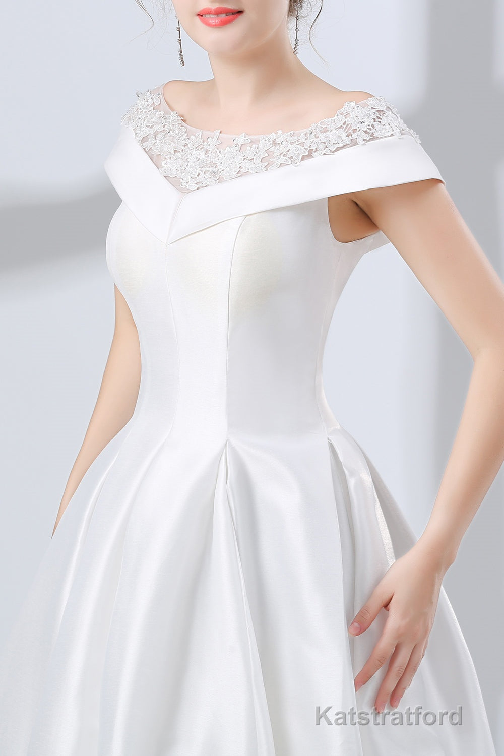 A-Line White Satin Lace Off The Shoulder Wedding Dresses