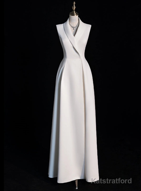 A-Line White V-neck Sleeveless Prom Dress