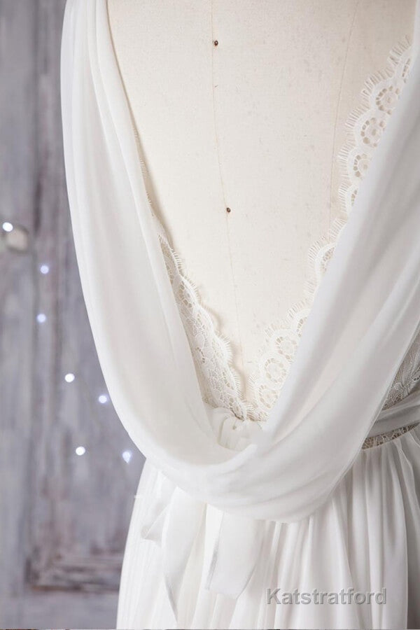 Affordable A-line Asymmetric Lace Chiffon Open Back Wedding Dress