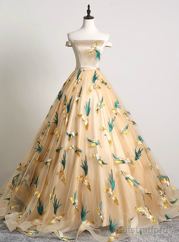 At Great Prices Champagne Gold Ball Gown Tulle Off the Sholuder Embroidery Quinceanera Dress