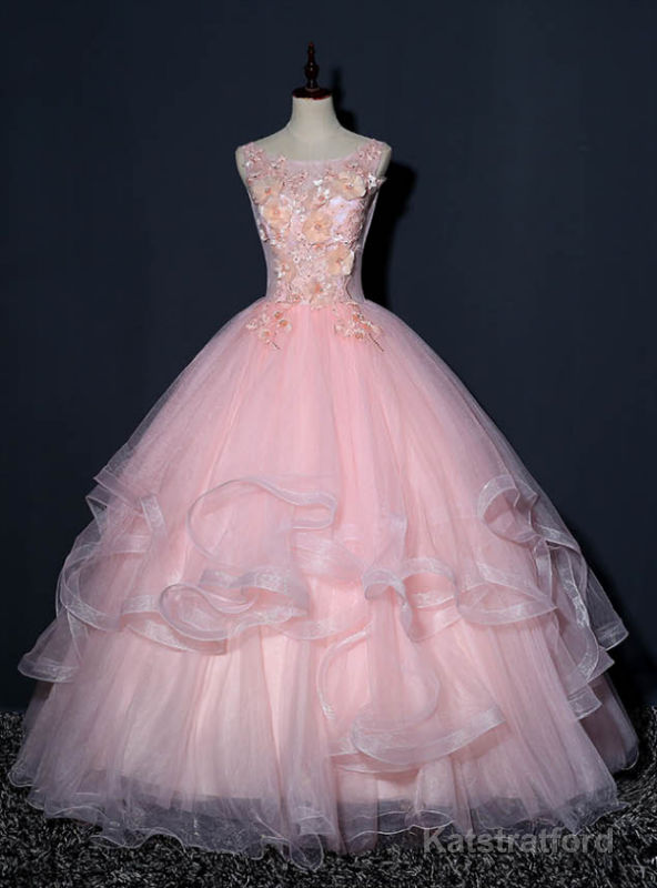 At Great Prices Pink Ball Gown Tulle Appliques Sleeveless Quinceanera Dress