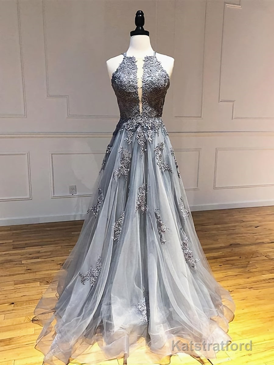 Backless Gray Lace Prom Dresses, Backless Gray Lace Formal Evening Graduation Dresses