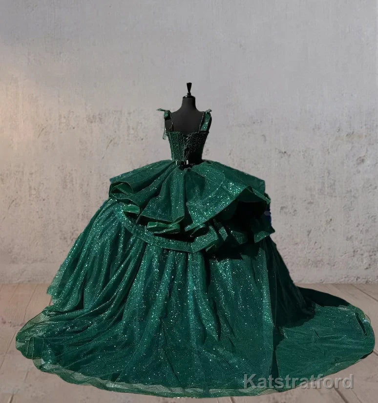 Ball-Gown Lace Emerald Green Glitters Quinceanera Dresses