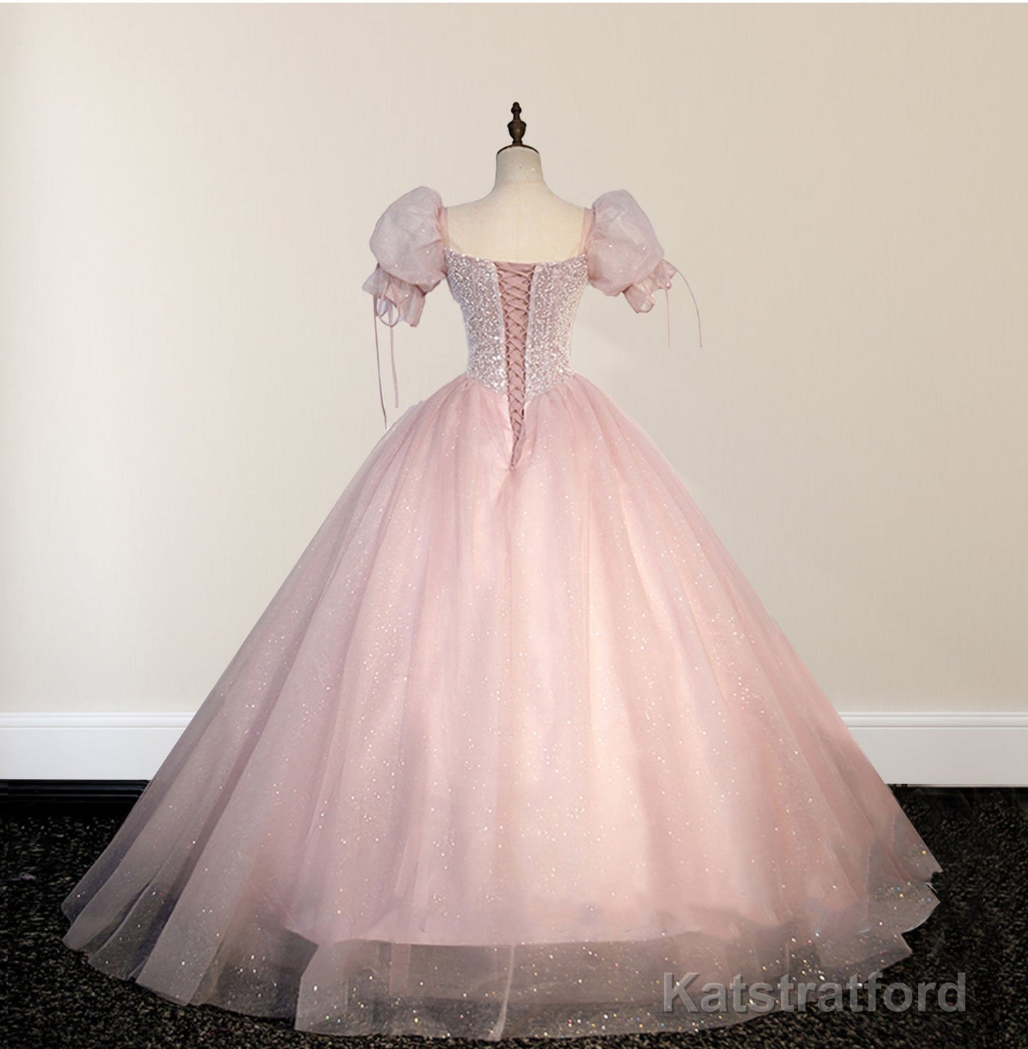 Ball-Gown Tulle Pink Sweetheart Floor-Length Graduation Birthday Party Dress with Sequined
