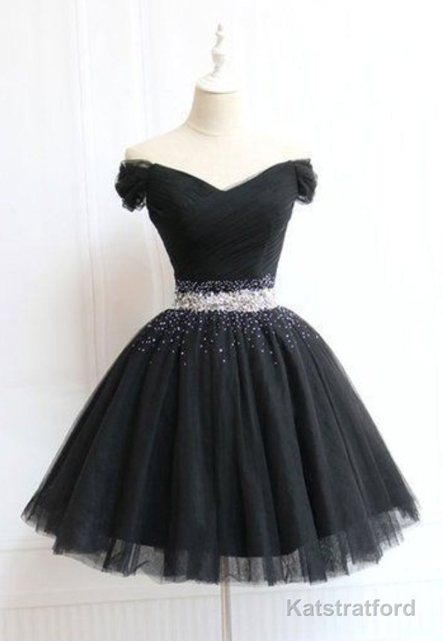 Beautiful Cute Charming Black Tulle V Neck Beaded Short Dress, Black Homecoming Dress