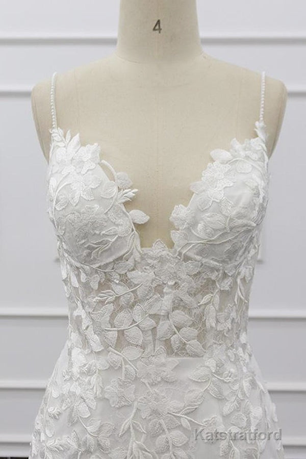 Best Long Mermaid Spaghetti Strap Appliques Lace Wedding Dress