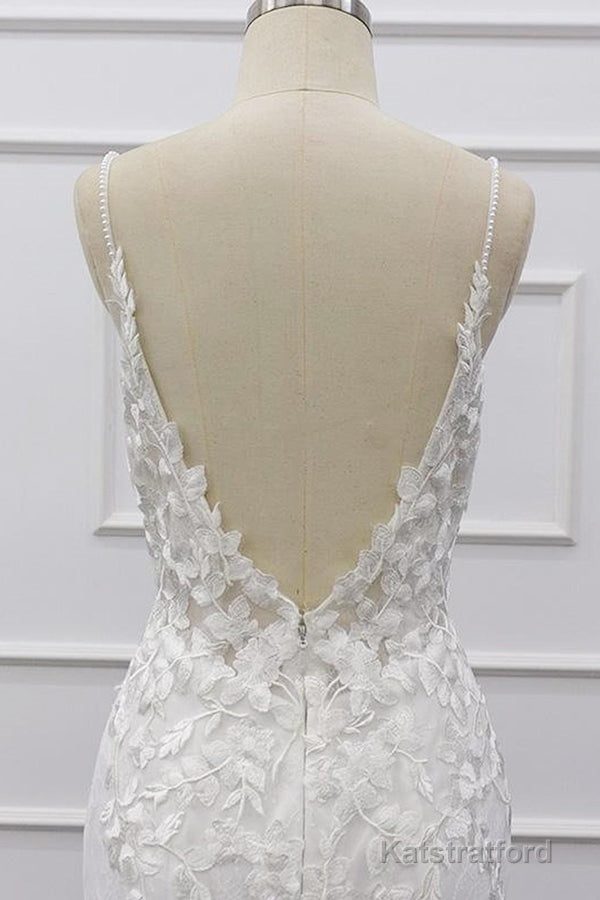 Best Long Mermaid Spaghetti Strap Appliques Lace Wedding Dress