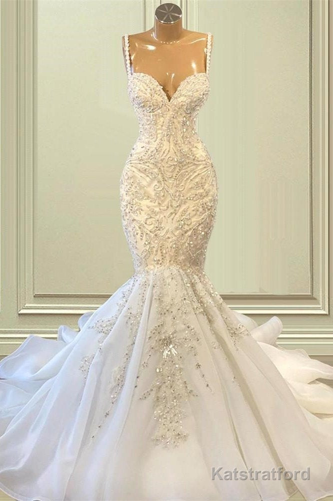 Biztunnel Elegant Long Mermaid Sweetheart Sleeveless Tulle Lace Wedding Dress