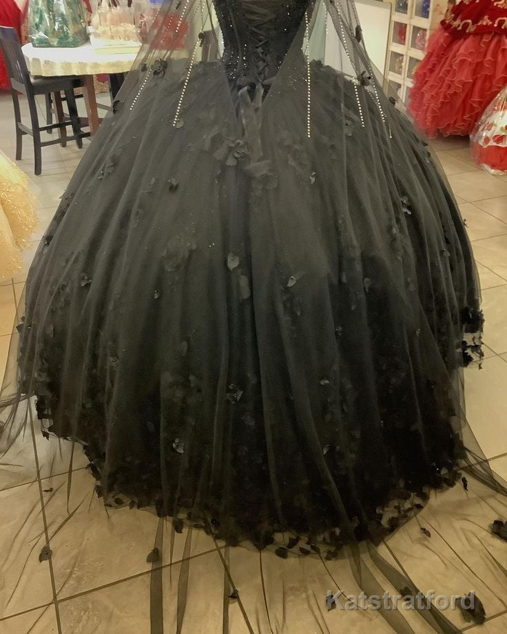 Black Ball Gown Quinceanera Dresses with Flowers
