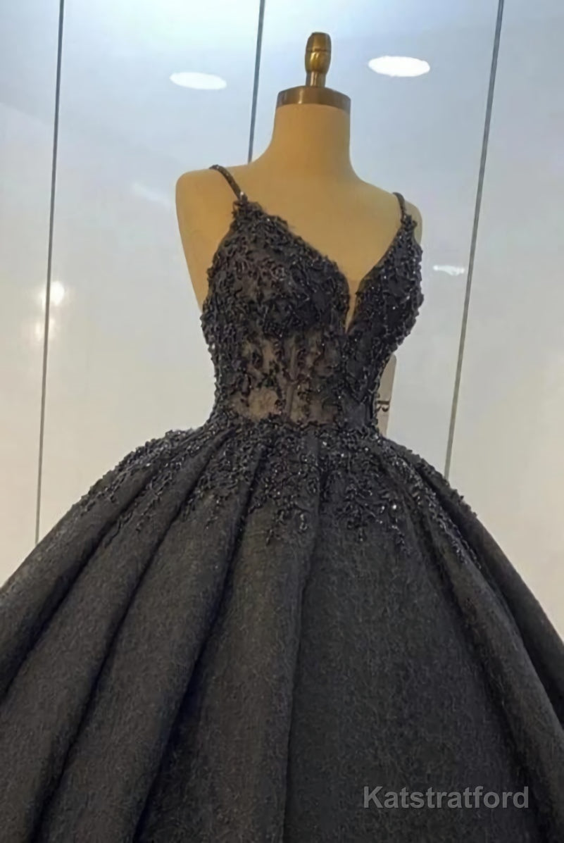 Black lace ball gown dresses for wedding , spaghetti straps prom dress