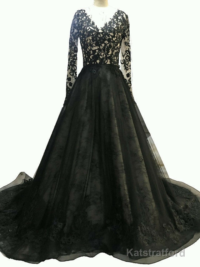 Black Long A-Line V Neck Lace Tulle Wedding Dresses with Sleeves