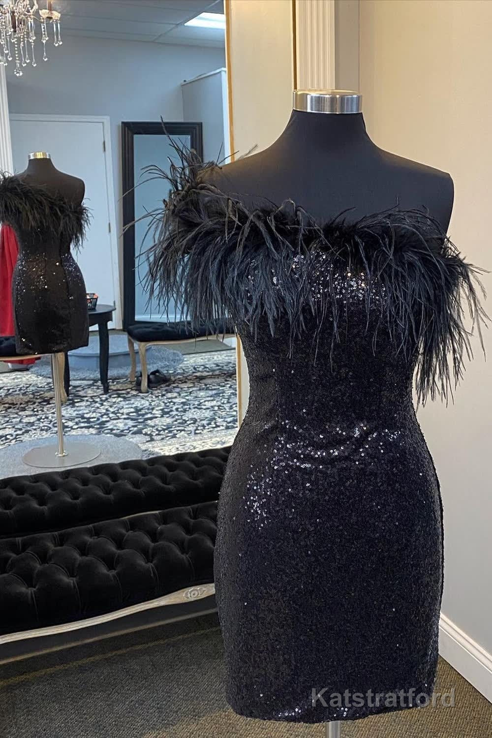 Black One Shoulder Sequins Short Homecoming Dress with Feathers