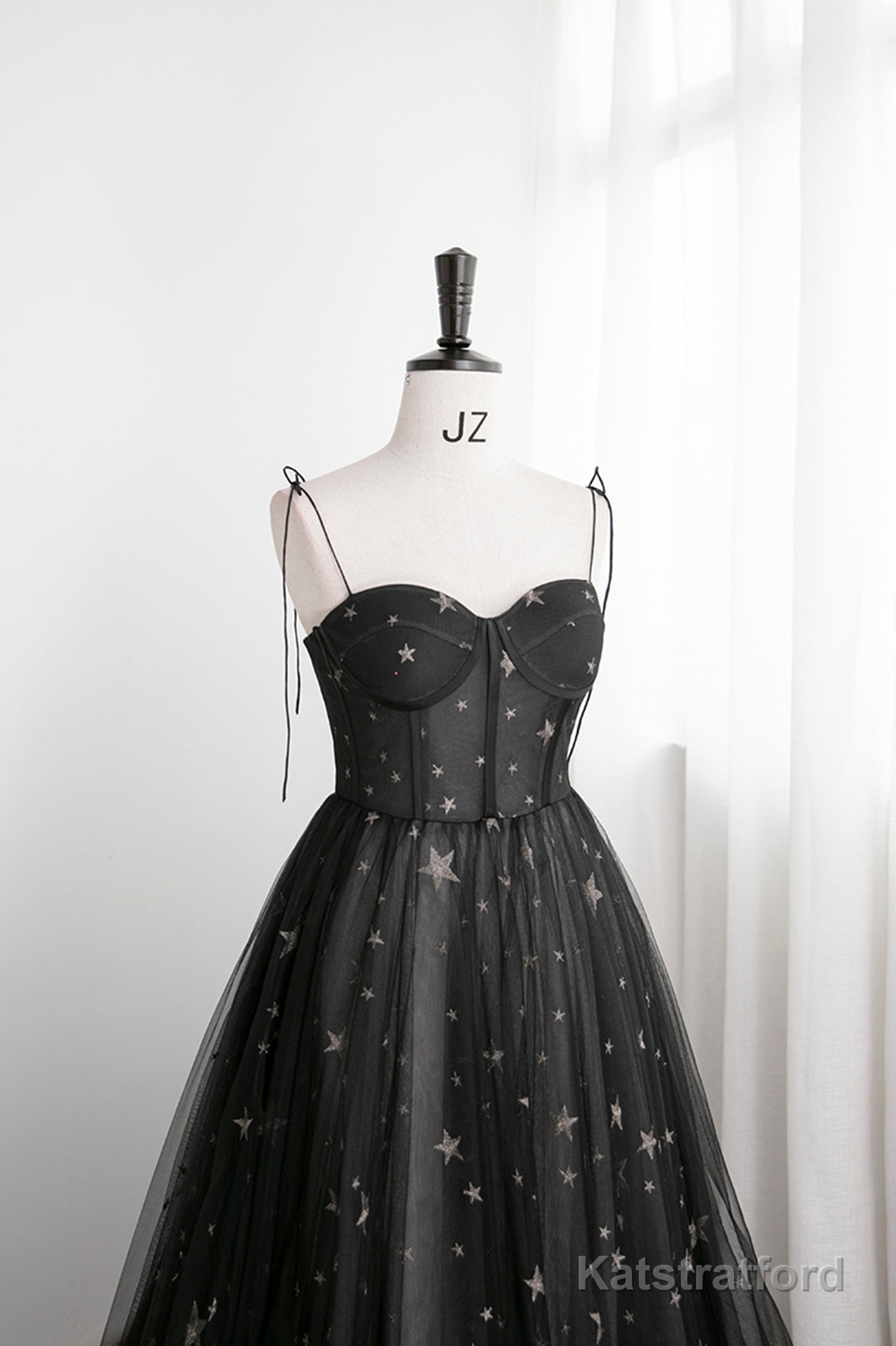 Black Tulle Long Prom Dress with Stars, Cute Spaghetti Straps Graduation Dress
