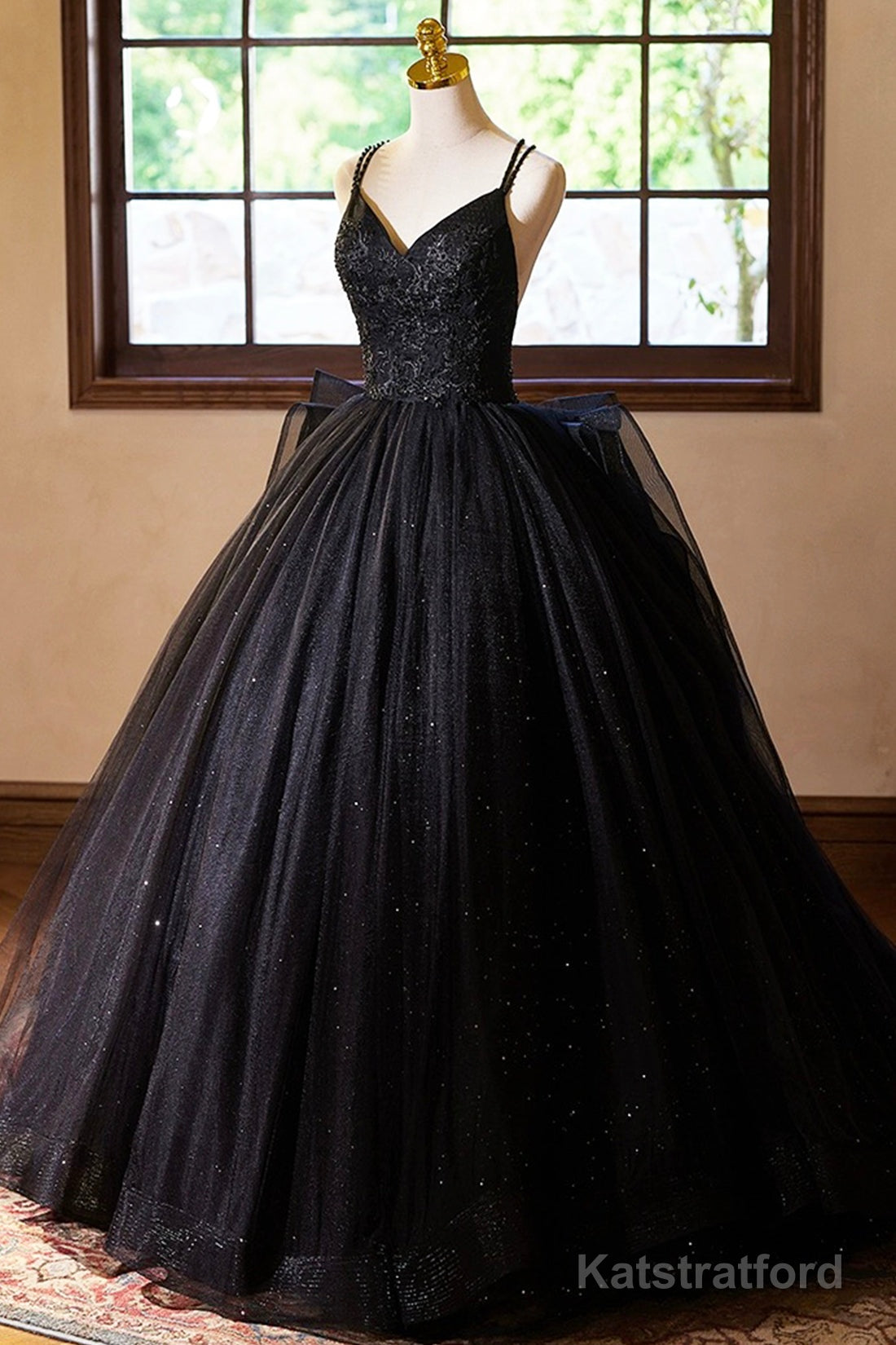 Black V-Neck Tulle Lace Prom Dress, Gorgeous A-Line Evening Party Dress