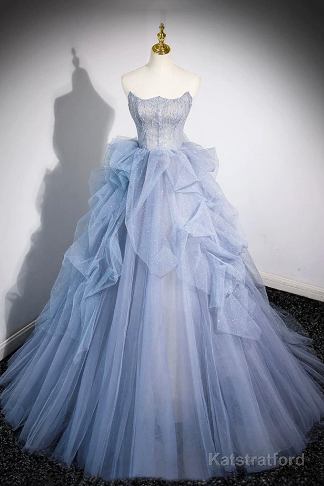 Blue Cascading Ruffles Long Prom Dresses, A-Line Strapless Short Sleeve Sweep Train Evening Dress